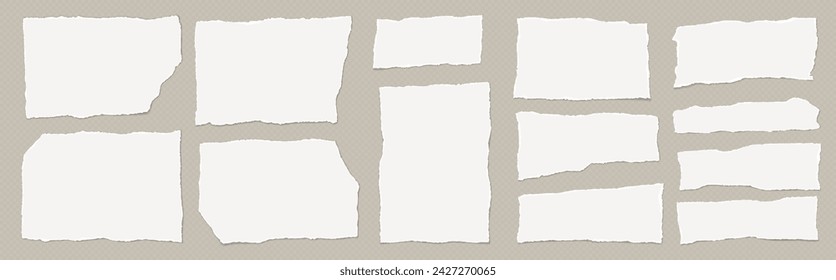 Set of torn, ripped pieces of white note paper with soft shadow are on brown squared background for text or ad.