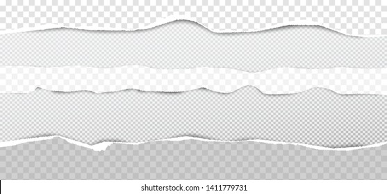 Set of torn, ripped, squared paper strips with soft shadow are on white background. Vector template illustration