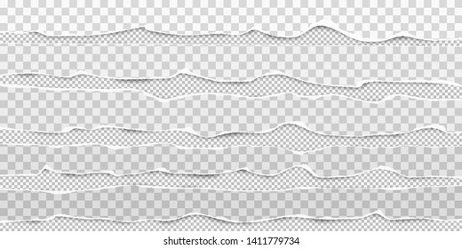 Set of torn, ripped, squared paper strips with soft shadow are on white background. Vector template illustration