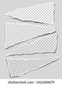 Set of torn, ripped, squared paper strips with soft shadow are on grey background. Vector template illustration