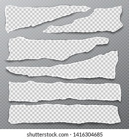 Set of torn, ripped, squared paper strips with soft shadow are on dark grey background. Vector template illustration