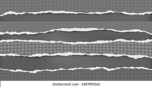 Set of torn, ripped, squared paper strips with soft shadow are on black background. Vector template illustration