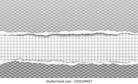 Set of torn, ripped, squared paper strips with soft shadow are on background. Vector template illustration