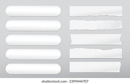 Set of torn, ripped, white blank horizontal paper strips with soft shadow are on squared background for text, notes, ad.