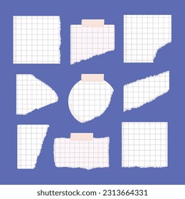 Set of torn, ripped white lined, scetchbook, math note, notebook paper pieces vector illustrations.