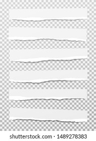 Set of torn, ripped white paper strips with soft shadow are on squared background. Vector template illustration