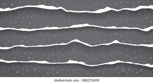 Set of torn, ripped white paper pieces, shreds with soft shadow are on black background with pattern of different shapes for text. Vector illustration
