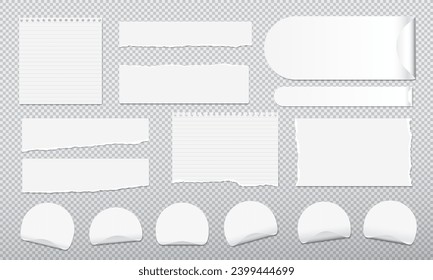 Set of torn, ripped white paper strips, lined notebook sheet with soft shadow, round adhesive sticker with curved corner are on squared background for text, notes, ad.