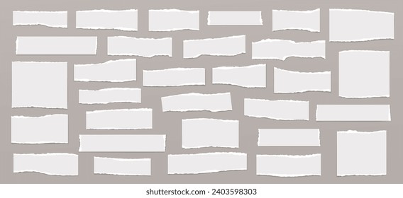 Un conjunto de tiras de papel blanco rotas y rotas, hojas de bloc de notas con sombra suave están en el fondo gris para texto, notas y anuncios. Ilustración vectorial.