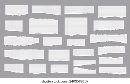 Set of torn, ripped white paper strips, lined, math notebook sheets with soft shadow are on grey background for text, notes, ad. Vector illustration.