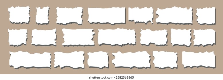  Set of torn or ripped white paper sheet, note scrap or notebook page with texture edges. Torn sticky newspaper clip art with paint brush stroke border.