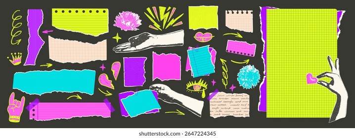 Set of torn school papers with hands and flowers. Tear sheet punk pieces pack. Note stickers with punk doodles. Empty blanks for memo. Scrapbooking collage paper. Vector hand drawn illustration.