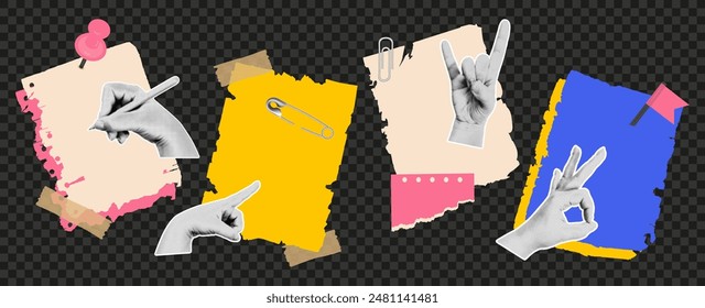 Set of torn sheets of notepad paper with hands in the style of halftones. Stationery, pin, paper clip, button, tape, pen, note. A fashionable set of vector collages, retro-modern stickers.