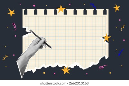 Set of torn sheets of paper and halftone hands with pen. Set note sheet, sticky note, notebook page, torn piece of paper. Templates for scrapbook edge, notebook tear, blank page split, stickers.