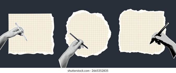 Set of torn sheets of paper and halftone hands with pen. Set note sheet, sticky note, notebook page, torn piece of paper. Templates for scrapbook edge, notebook tear, blank page split, stickers.