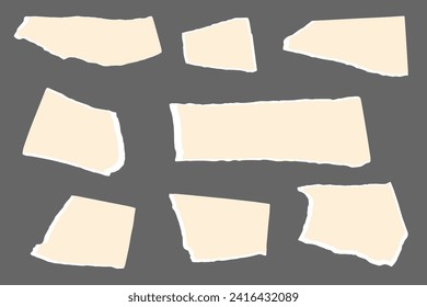 Set of torn sheets of paper with jagged edges. Collection realistic ripped pieces of scrap papers. Shreds of notebook pages. Sticky notes.