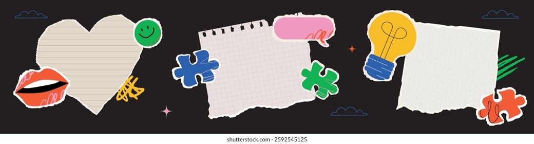 A set of torn sheets of paper for making a notice and memo, decorated with bright doodle elements, puzzles, lips, emojis and a light bulb. Collage design elements.