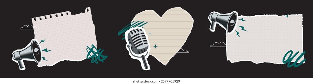 A set of torn sheets of paper with a microphone and a megaphone. Cut out lists are design elements for reminders, ads and promotions, presentations, and social media.