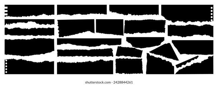 Satz zerrissener Papierblätter. Rechtecke mit gezackten Kanten. Sammlung von realistischen zerrissenen Stücken von Album-Blättern, Notizblock, Notizbuch. Vektor-Sammlung von Notizen, zerrissene Seiten, zerrissene Pappe, Rand des Blattes