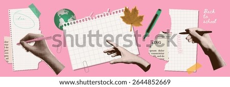 Set of torn sheets of paper with scotch tape and halftone collage hands with pens. Contemporary vector elements for design template. Back to school