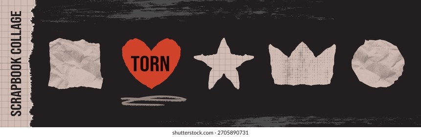 Conjunto de estrella rota, corazón, corona, cuadrado, forma de círculo con bordes dentados y papel andrajoso. Elementos de collage digital y proyectos de medios mixtos