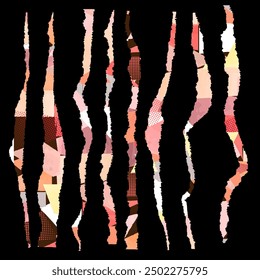 Set of torn strips of paper with watercolor texture on a black background.  Vector. The strips are cut and torn unevenly. It creates a feeling of chaos and disorder.