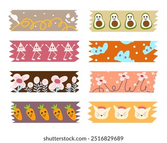 Set of torn tape with cute character motif isolated. Kawai cute washi tape vector illustration.