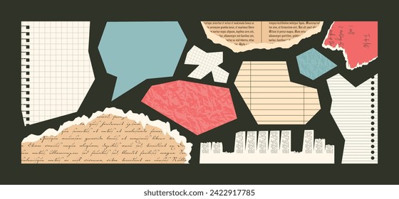 Set of Torn trendy Collage elements. Paper Cut pieces of checkered and lined Notebook old Newspaper. Sheets of Scratch book. Vector contemporary illustration of Notepad pages isolated black background