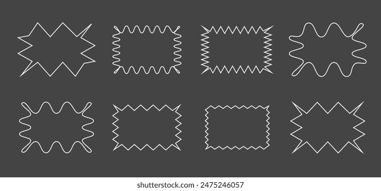 Conjunto de marcos rotos y ondulados. Forma de arista curva ondulada. Conjunto de formas de rectángulo de borde en zigzag. Bordes rectangulares dibujados a mano con borde dentado. Rasgado rectangular. Ilustración vectorial aislada sobre fondo oscuro