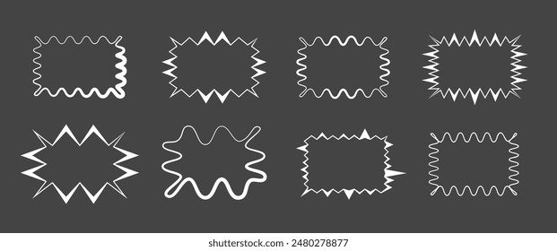 Conjunto de marcos rotos y ondulados. Forma de arista curva ondulada. Conjunto de formas de rectángulo de borde en zigzag. Bordes rectangulares dibujados a mano con borde dentado. Ilustración vectorial rectangular rasgada aislada sobre fondo blanco