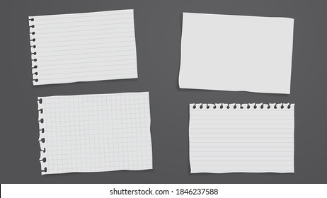 Set of torn of white blank and line note, notebook paper are on black background for text, advertising or design. Vector illustration