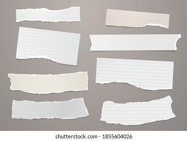 Conjunto de piezas de papel blanco roto, nota marrón, papel portátil pegado en fondo gris oscuro. Ilustración del vector