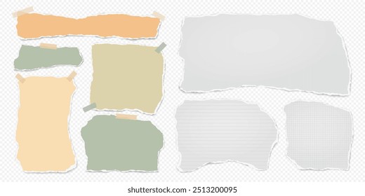 Set of torn white, brown note paper pieces, strips are on white squared background for text, notes or ad.