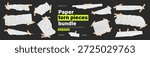 Set of torn white cardboard sheets. Bundle of rip paper glued to a piece of sticky tape or beige scotch tape. Vector kit on like transparent png bg for scrapbook or collage projects.