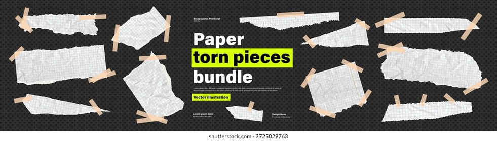 Conjunto de hojas de cartón blanco desgarrado. Paquete de papel de rasgar pegado a un pedazo de cinta adhesiva o cinta adhesiva beige. Kit de Vector en como transparente png bg para proyectos de scrapbook o collage.
