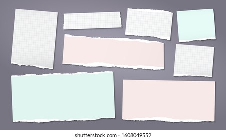 Set of torn white and colorful lined note, notebook paper strips and pieces with soft shadow stuck on dark grey background. Vector illustration