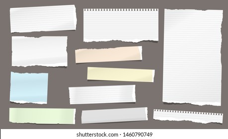 Set of torn white and colorful note, notebook lined and blank paper pieces stuck on dark background. Vector illustration