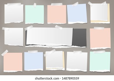Set of torn white and colorful note, notebook strips, paper pieces stuck with sticky tape on brown background. Vector illustration