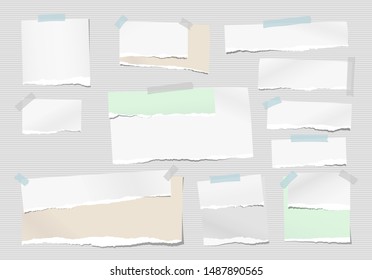 Set of torn white and colorful note, notebook strips, paper pieces stuck with sticky tape on lined grey background. Vector illustration