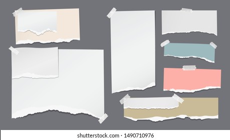 Set of torn white and colorful note, notebook strips, paper pieces with soft shadow stuck with sticky tape on dark background. Vector illustration