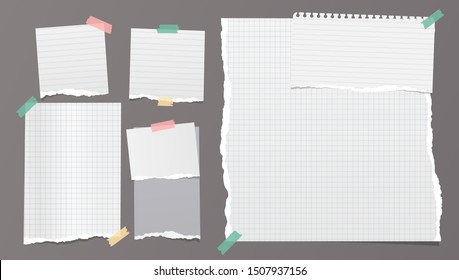 Set of torn white and colorful note, notebook paper pieces stuck on dark brown background. Vector illustration