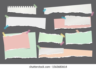 Set of torn white and colorful note, notebook paper strips and pieces stuck with sticky tape on dark grey background. Vector illustration