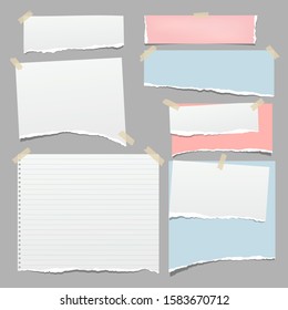 Set of torn white and colorful note, notebook paper pieces stuck with sticky tape on grey background. Vector illustration