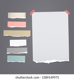 Set of torn white and colorful note, notebook paper pieces stuck on black background. Vector illustration