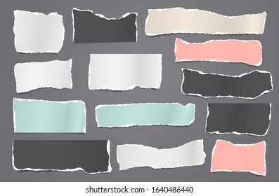 Set of torn white and colorful note, notebook paper strips and pieces stuck on dark grey background. Vector illustration