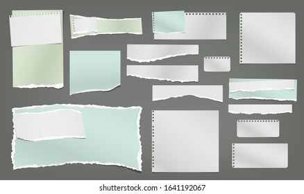Set of torn white and colorful note, notebook paper strips and pieces stuck on dark grey background. Vector illustration