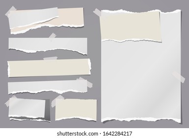 Set of torn white and colorful note, notebook paper strips and pieces stuck with sticky tape on grey background. Vector illustration