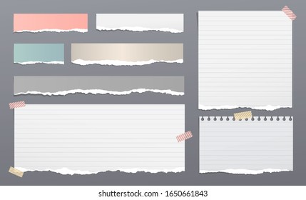 Set of torn white and colorful note, notebook paper strips and pieces stuck on dark grey background. Vector illustration