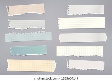 Conjunto de notas rotas en blanco y coloridas, piezas de papel portátil pegadas en fondo gris. Ilustración del vector
