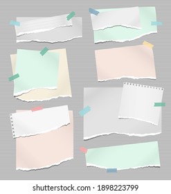 Set of torn white and colorful note, notebook paper pieces stuck with sticky tape on lined background. Vector illustration